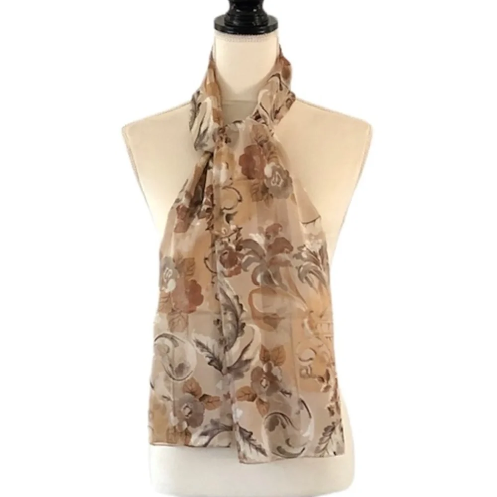 Vintage Oblong Brown, Tan & Cream Floral Scarf